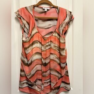 dressbarn Coral and Brown Patterned Blouse